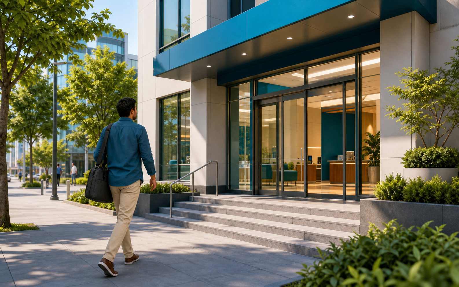Business owner arriving at a bank to open accounts